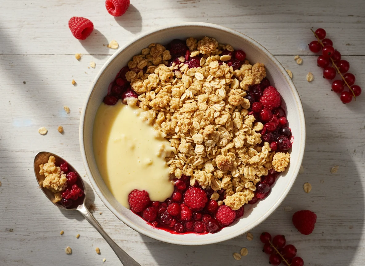 Beeren-Crumble mit Vanillesauce photo