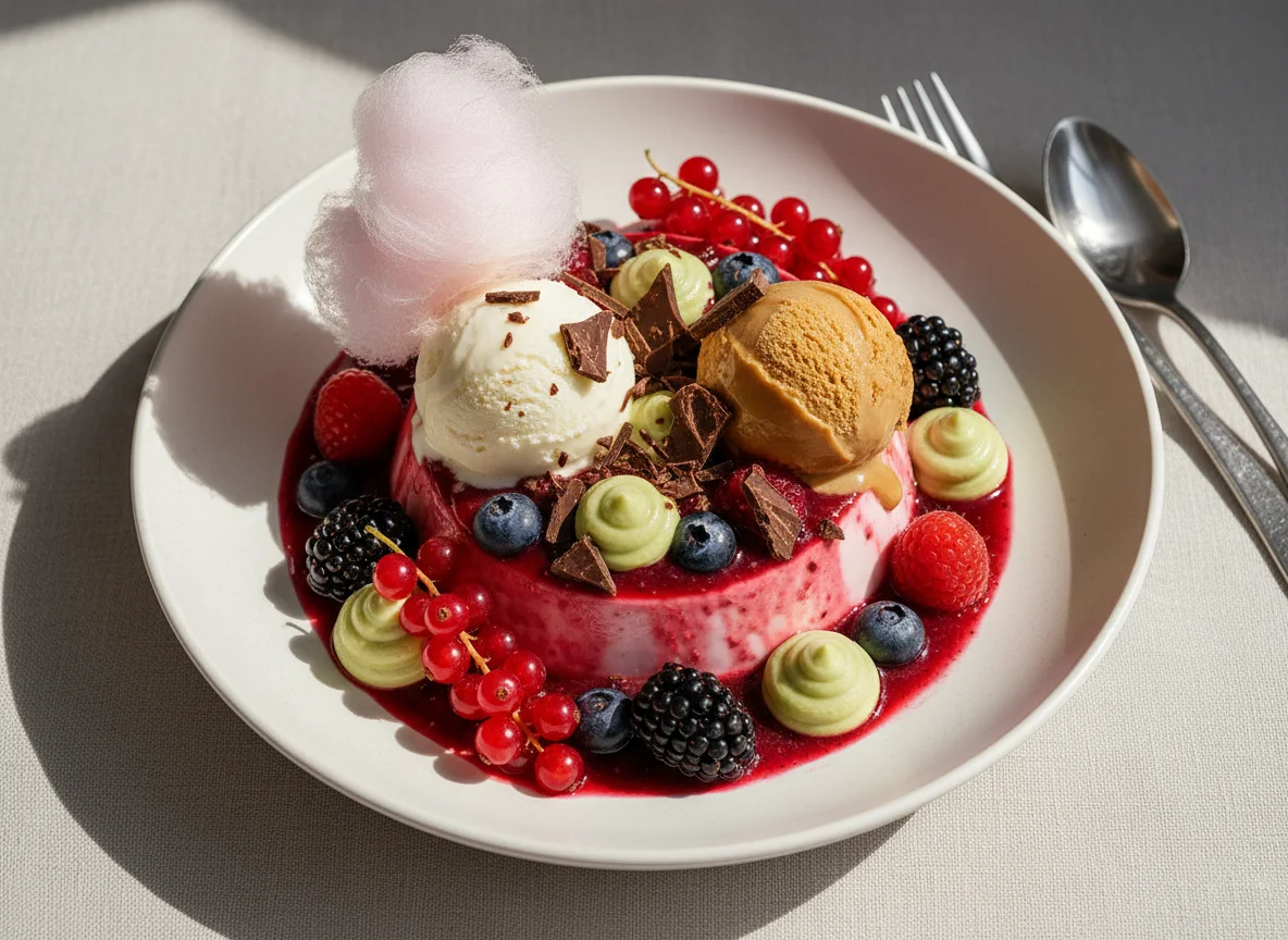 Beeren-Dessert mit Eis und Crunch photo