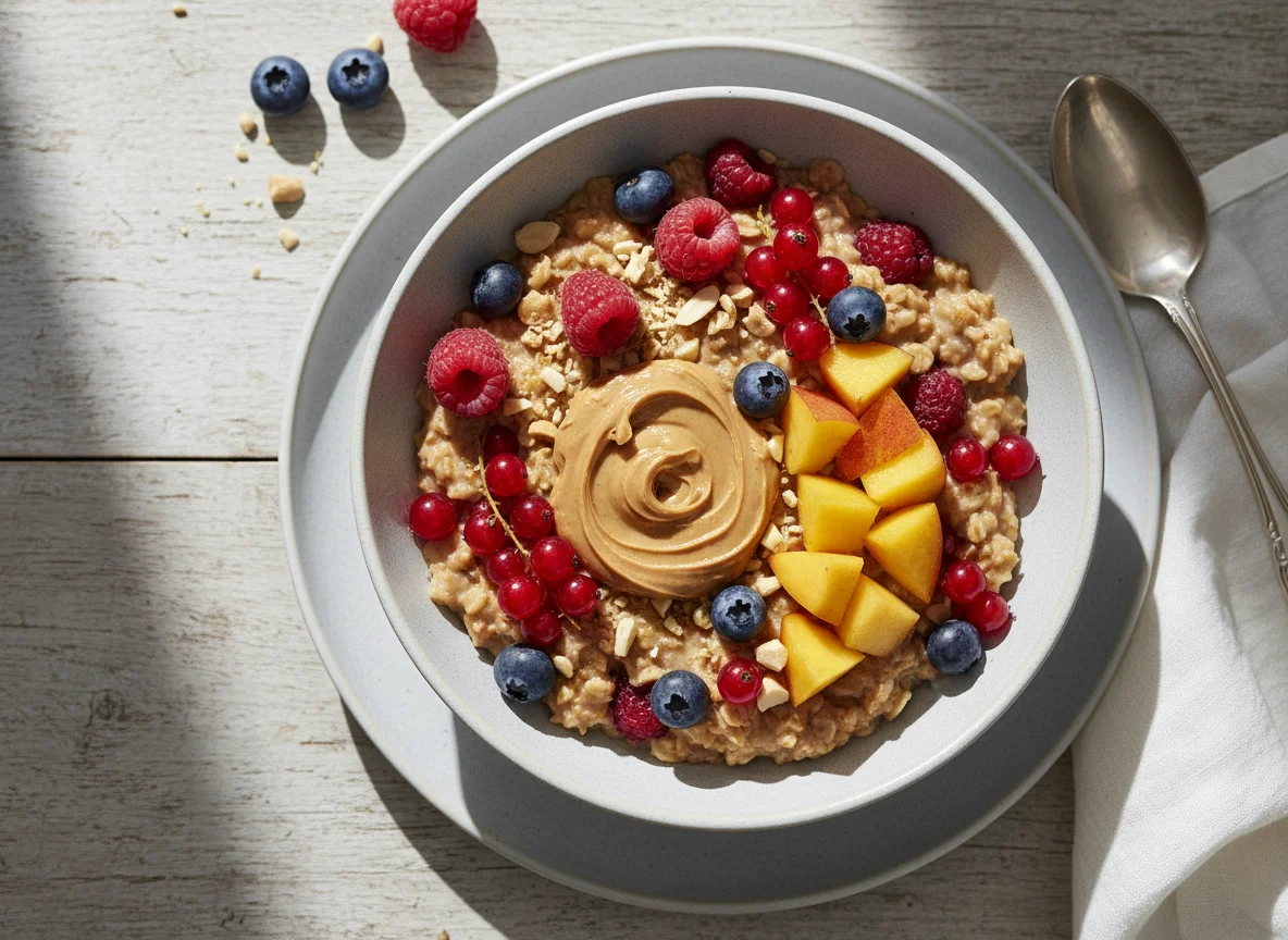 Beeren-Haferbrei mit Erdnussbutter und Pfirsich photo