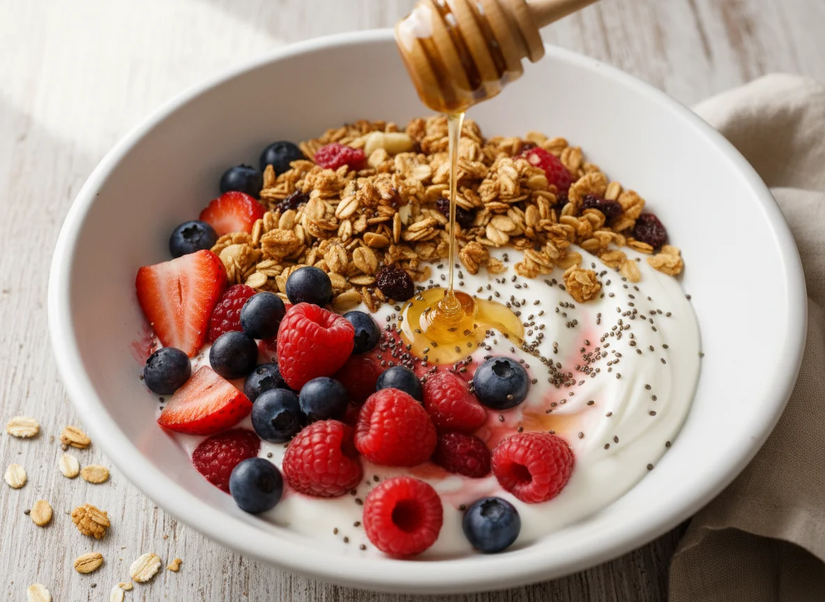 Beeren-Joghurt mit Granola und Honig photo