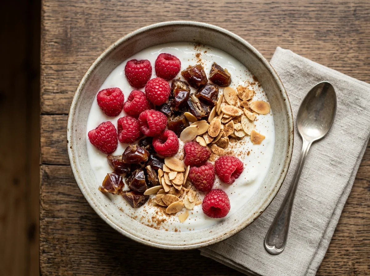 Beeren-Joghurt mit Nüssen und Datteln photo