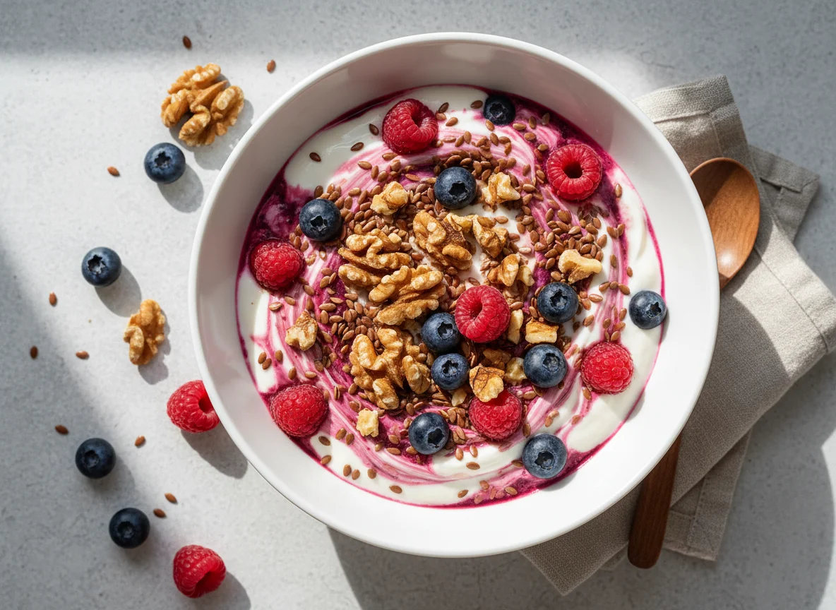 Beeren-Joghurt mit Nüssen und Leinsamen photo