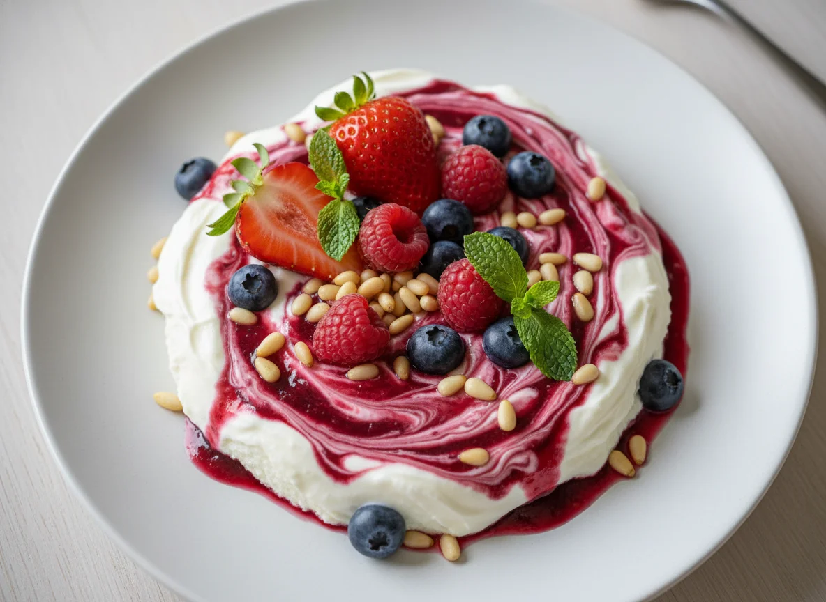 Beeren-Joghurt-Dessert mit Pinienkernen photo