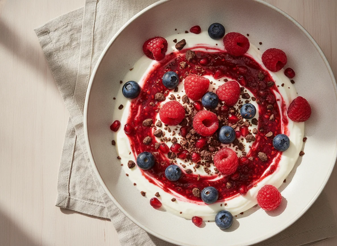 Beeren-Joghurt-Dessert mit Schokoladen-Crispies photo