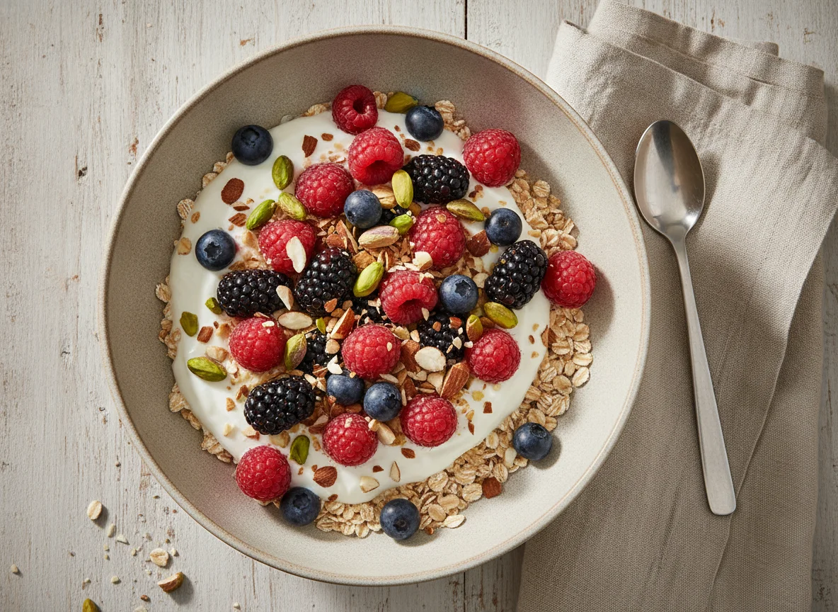 Beeren-Müsli mit Joghurt und Nüssen photo