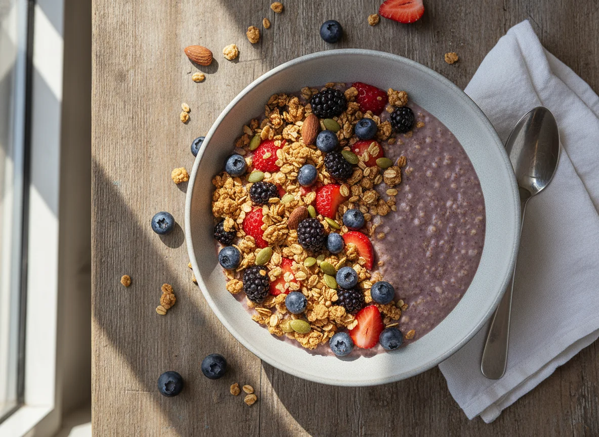 Beeren-Porridge mit Müsli photo