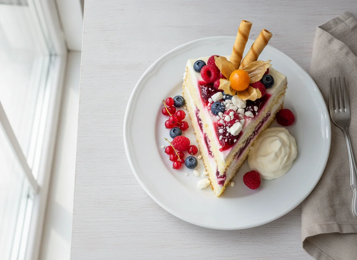Beeren-Sahne-Torte mit Früchten und Waffelröllchen photo