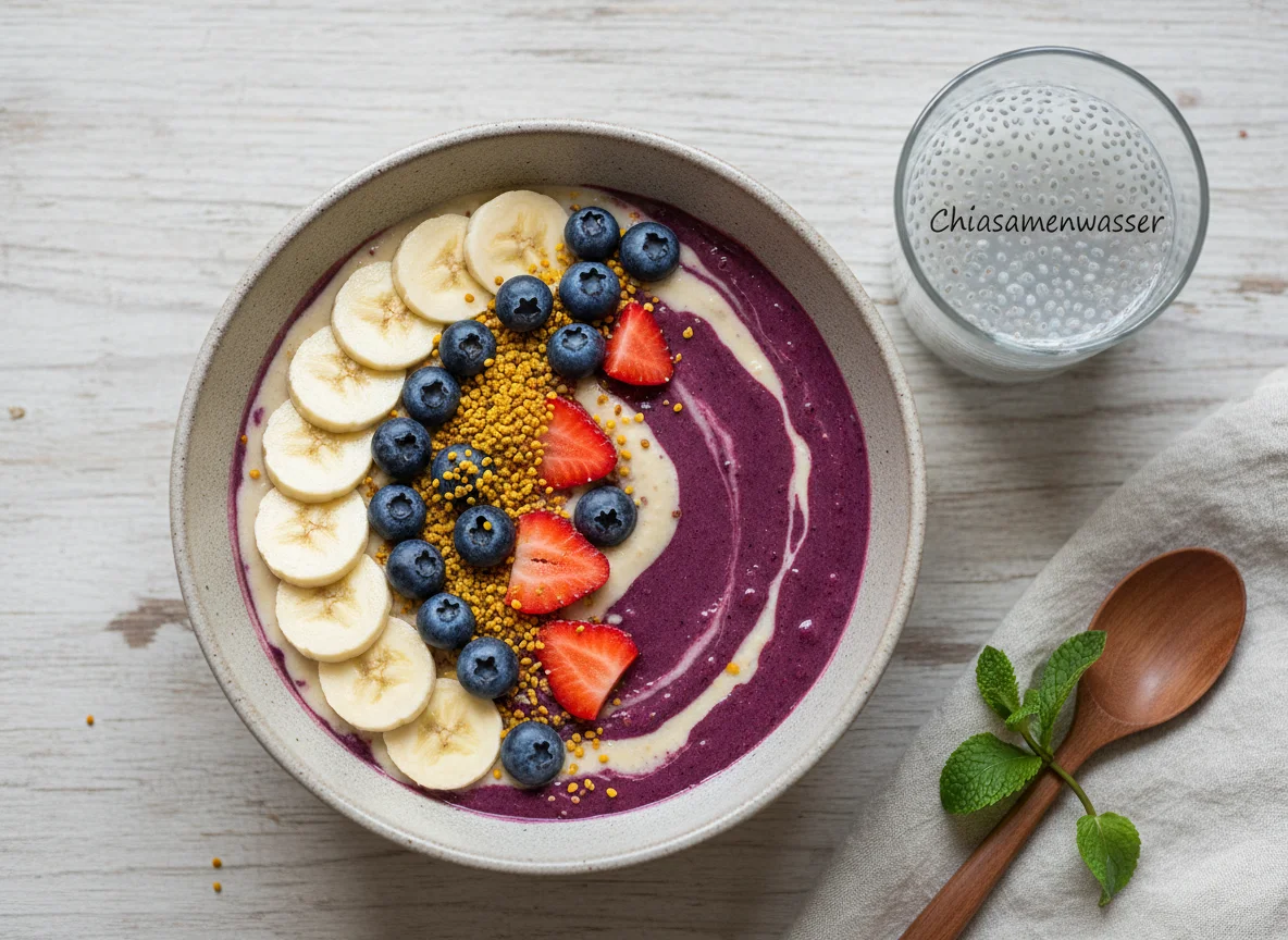 Beeren-Smoothie-Bowl mit Banane und Chiasamenwasser photo