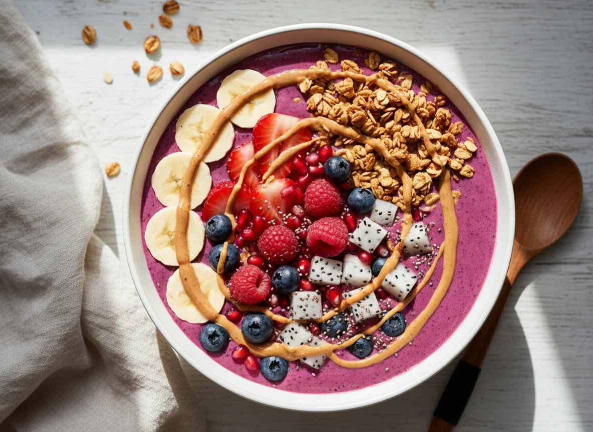 Beeren-Smoothie-Bowl mit Granola und Nussmus photo