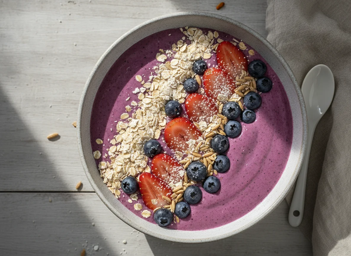 Beeren-Smoothie-Bowl mit Haferflocken photo