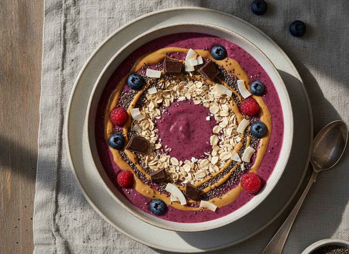 Beeren-Smoothie-Bowl mit Haferflocken und Toppings photo