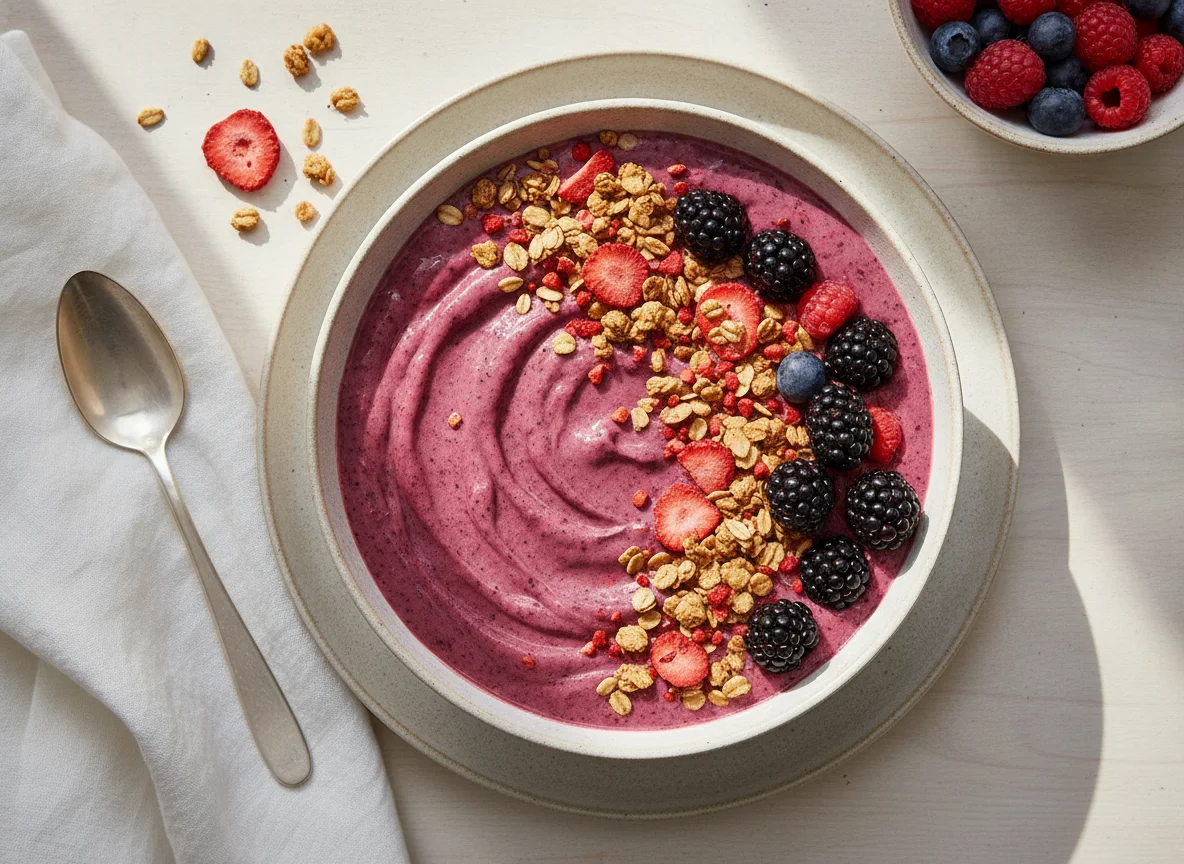 Beeren-Smoothie-Bowl mit Knuspermüsli photo