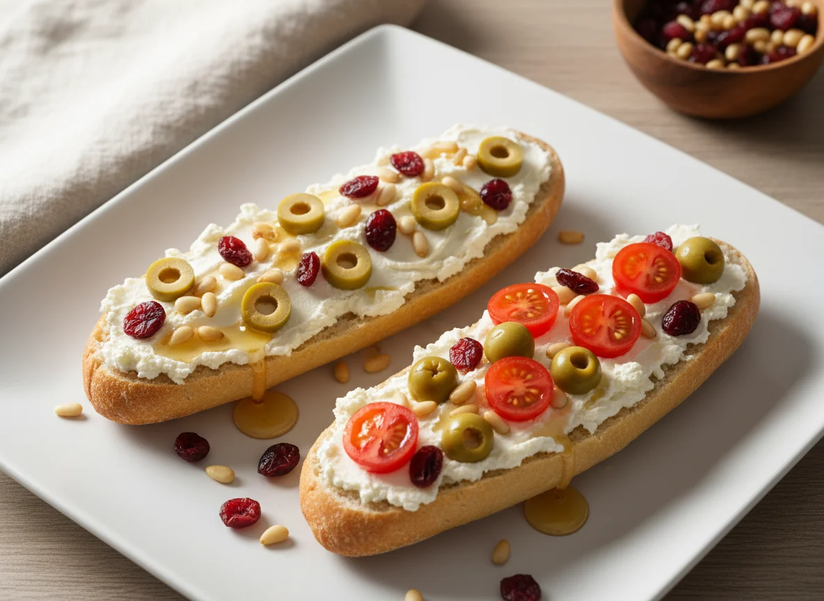 Belegte Baguette-Hälften mit Frischkäse, Cranberries, Honig und Pinienkernen photo