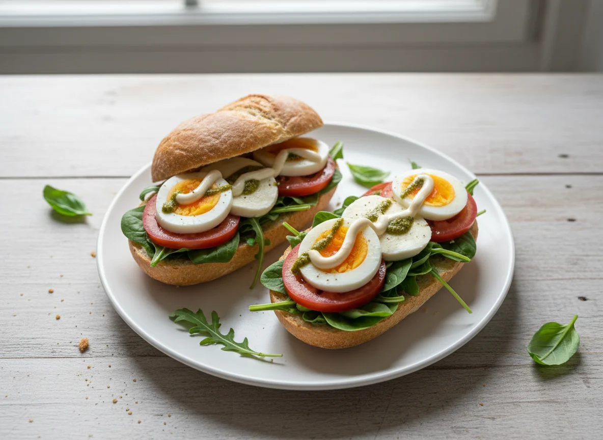 Belegte Brötchen mit Ei und Mozzarella photo