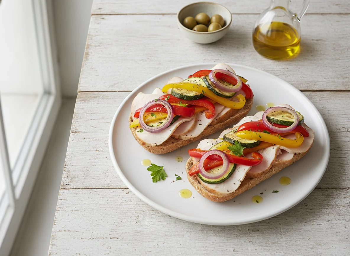 Belegte Brötchen mit Gemüse und Putenbrust photo