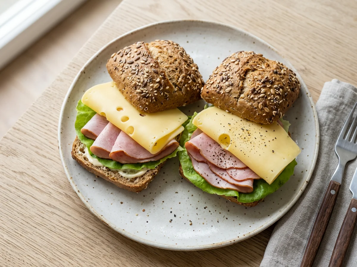 Belegte Brötchen mit Käse und Schinken photo
