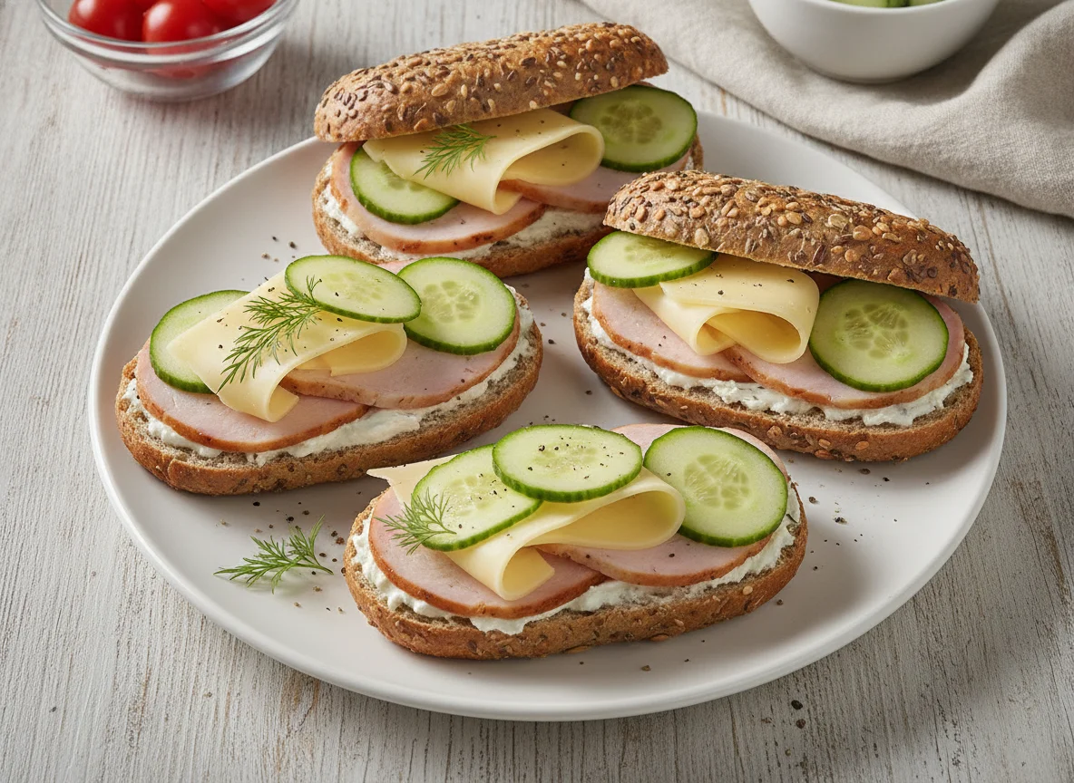 Belegte Brötchen mit Putenbrust, Käse und Gurke photo