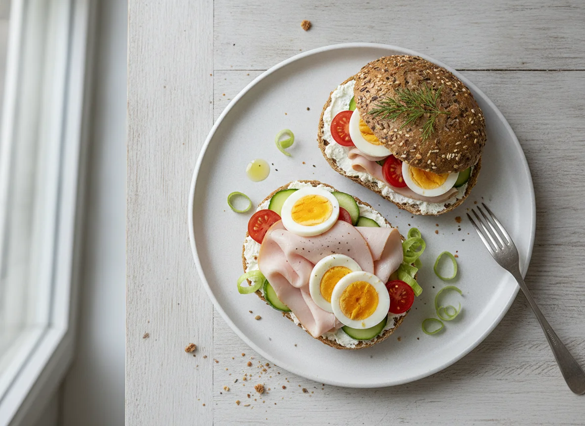Belegte Brötchen mit Putenbrust und Ei photo