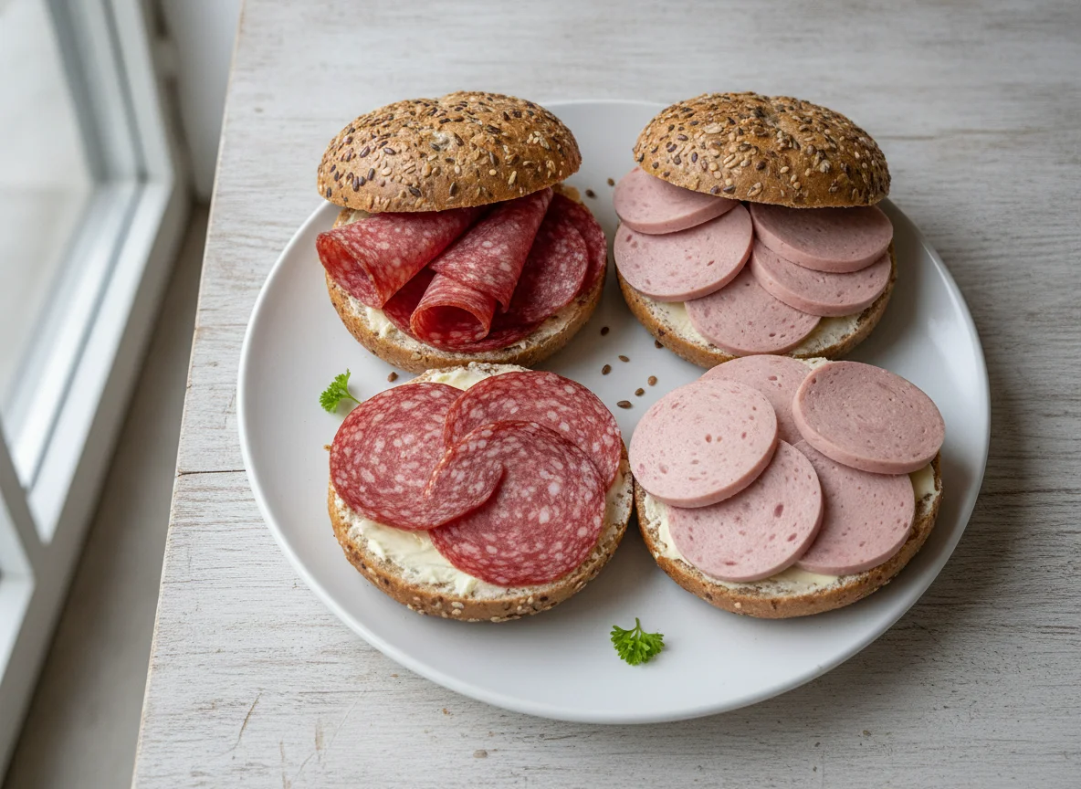 Belegte Brötchen mit Salami und Fleischwurst photo