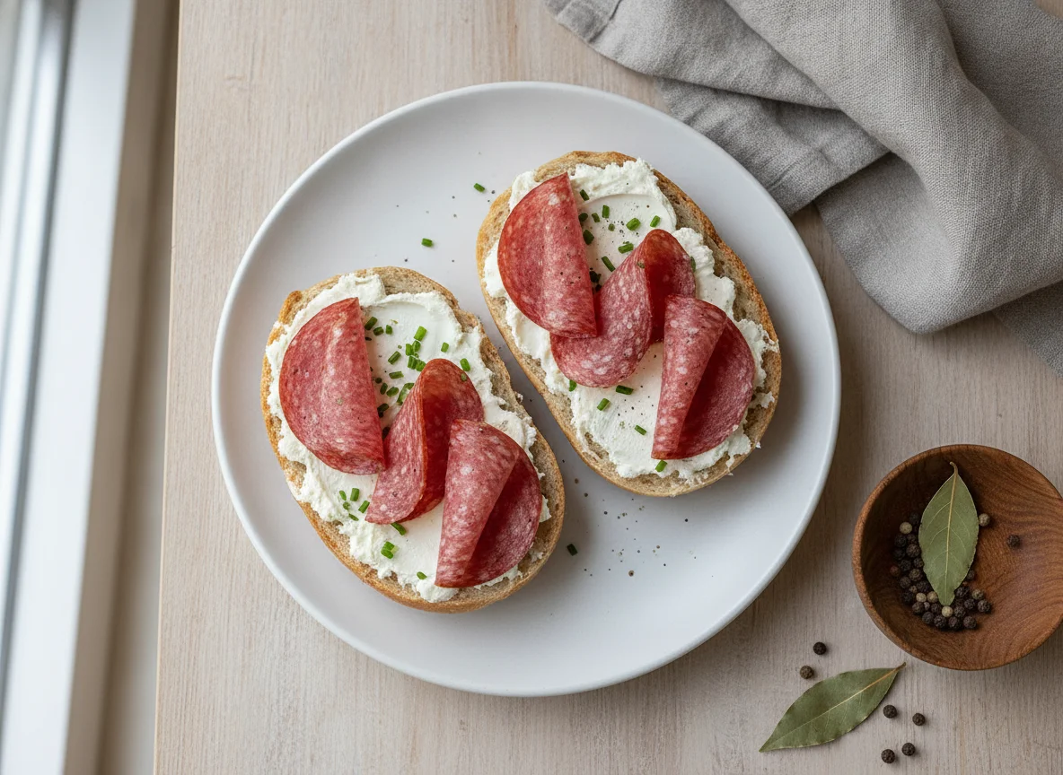 Belegte Brötchen mit Salami und Frischkäse photo
