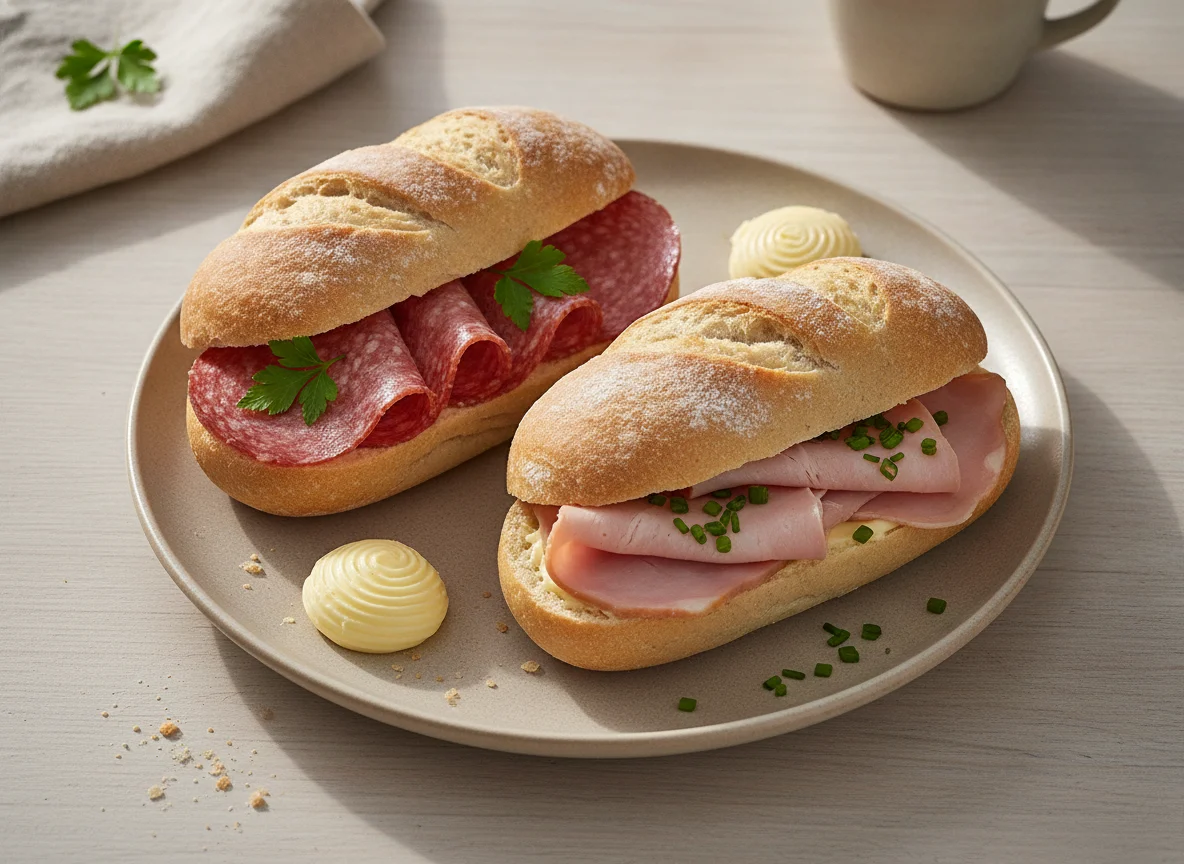 Belegte Brötchen mit Salami und Schinken photo