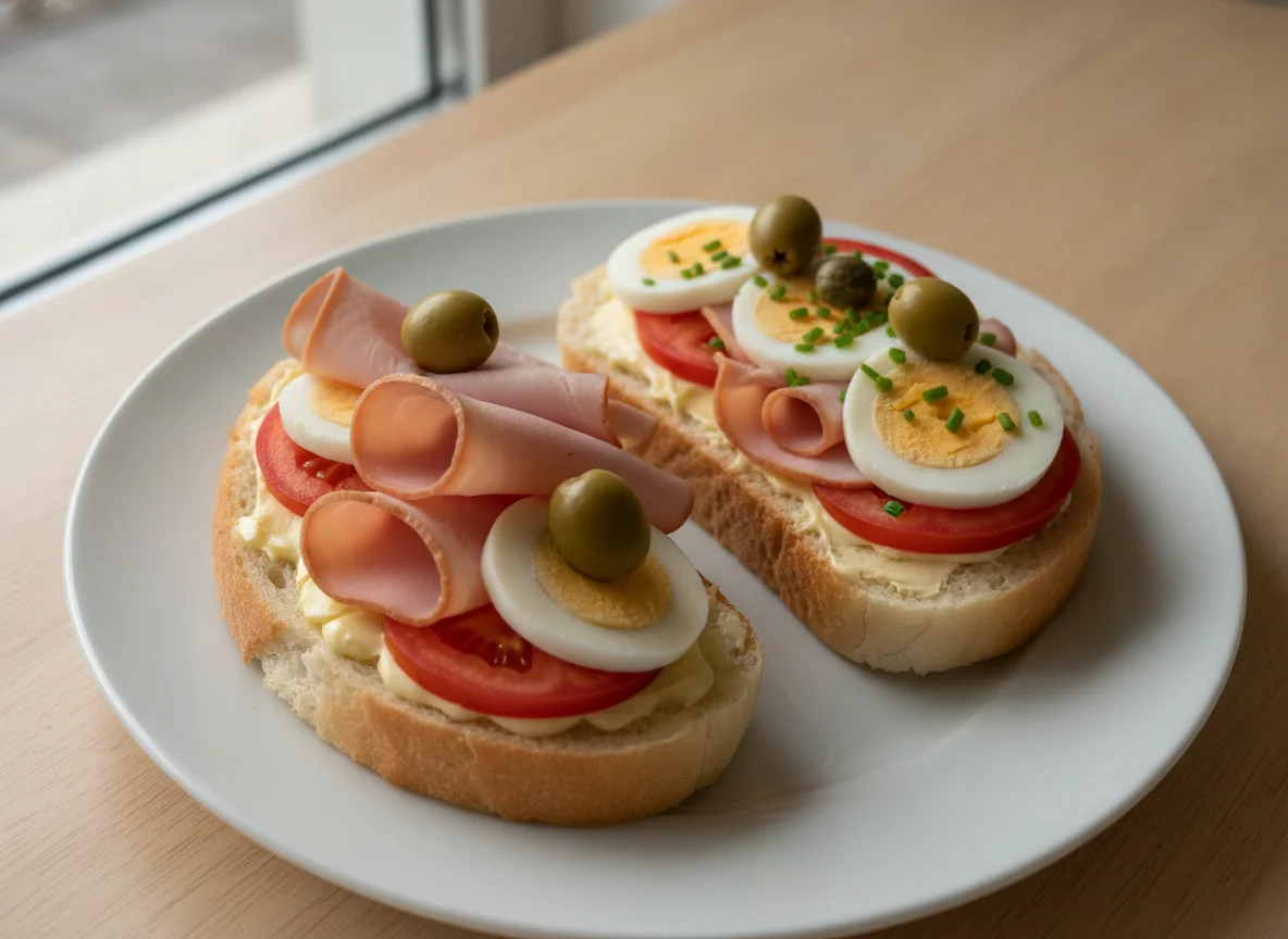 Belegte Brötchen mit Schinken und Ei photo