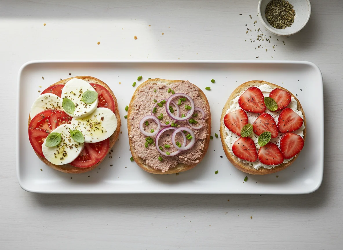 Belegte Brötchen mit Tomate-Mozzarella, Leberwurst und Erdbeeren photo