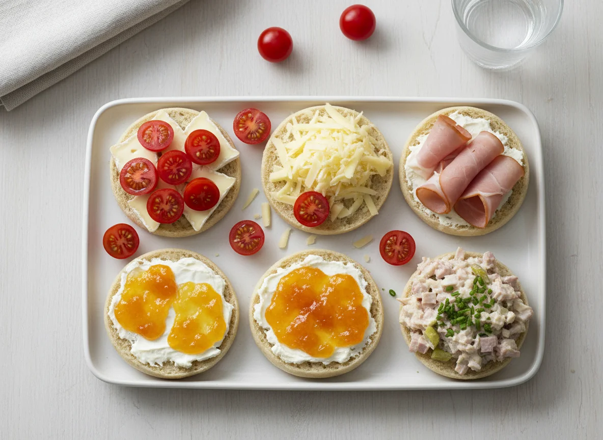 Belegte Brötchen mit verschiedenen Belägen und Tomaten photo