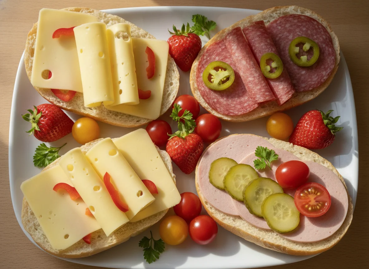 Belegte Brötchen mit Wurst, Käse und Obst photo