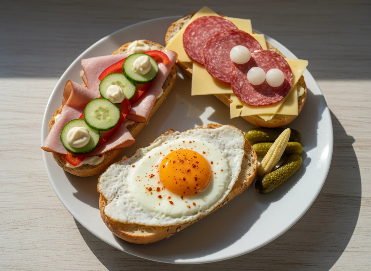 Belegte Brötchen und Spiegelei photo