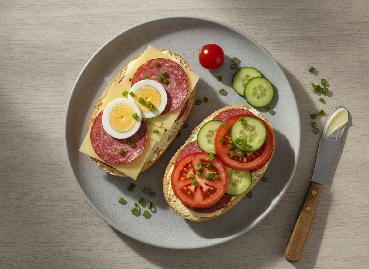 Belegte Brötchenhälften mit Käse und Salami photo