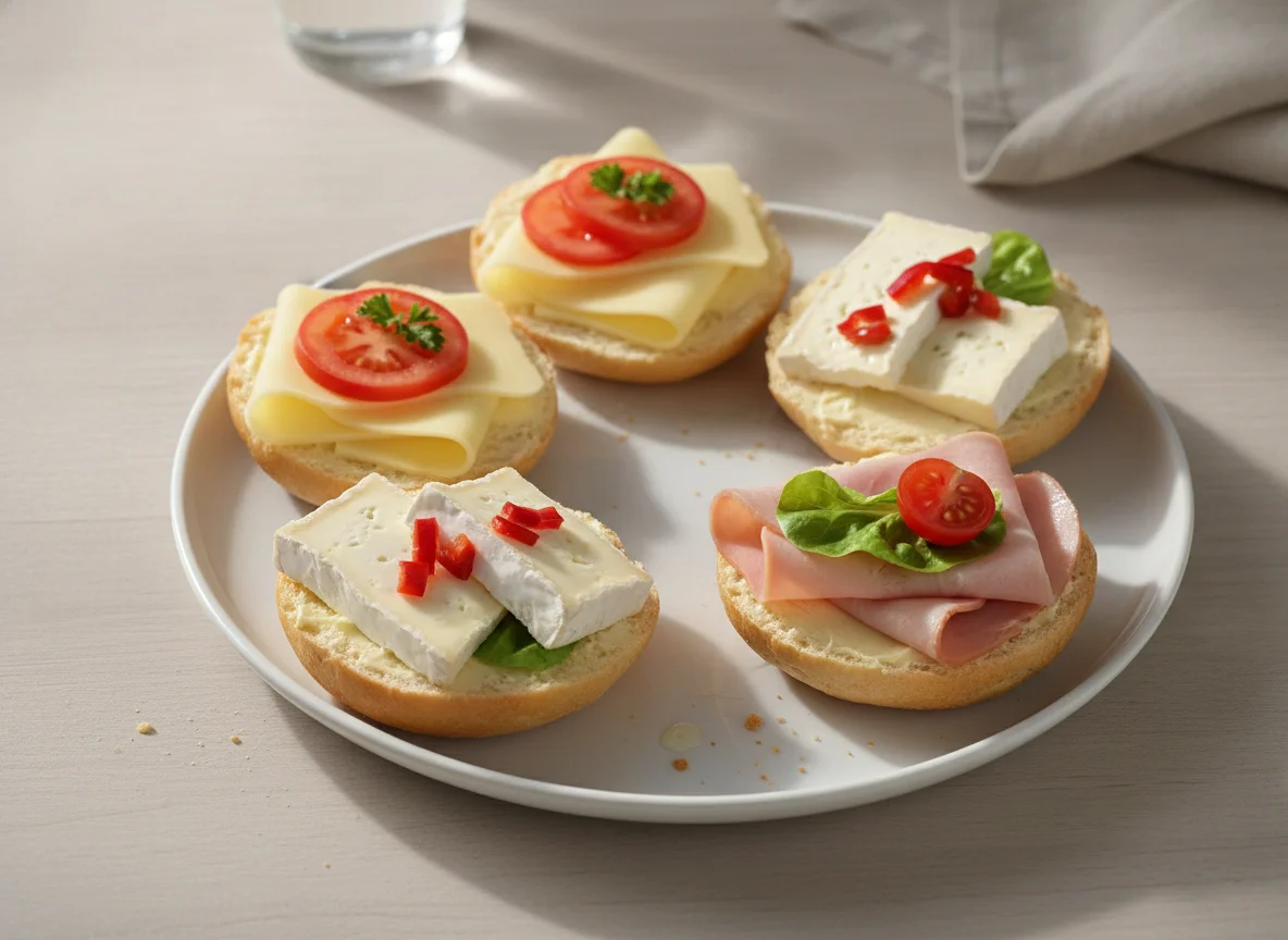 Belegte Brötchenhälften mit Käse und Schinken photo
