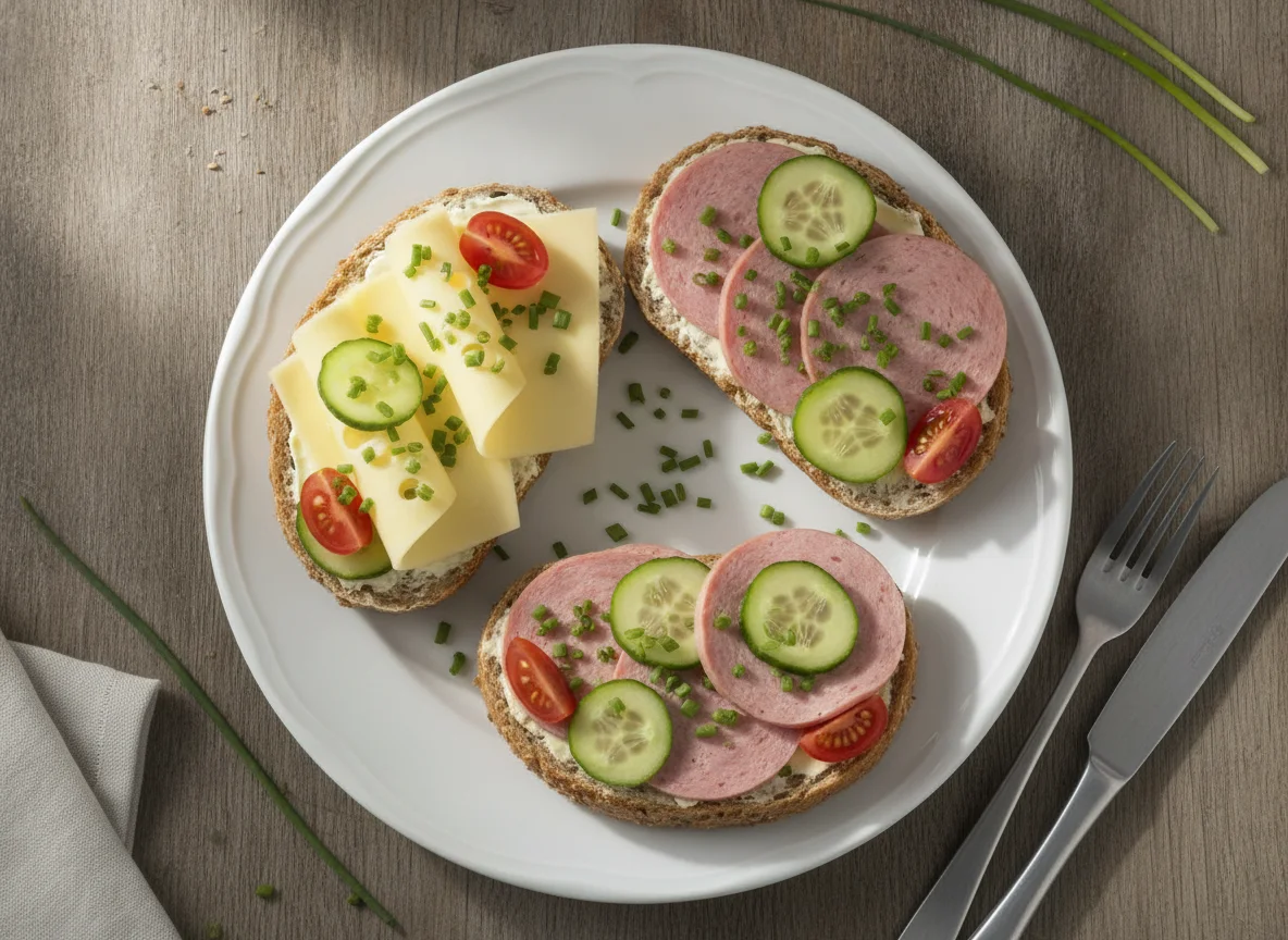 Belegte Brötchenhälften mit Käse und Wurst photo