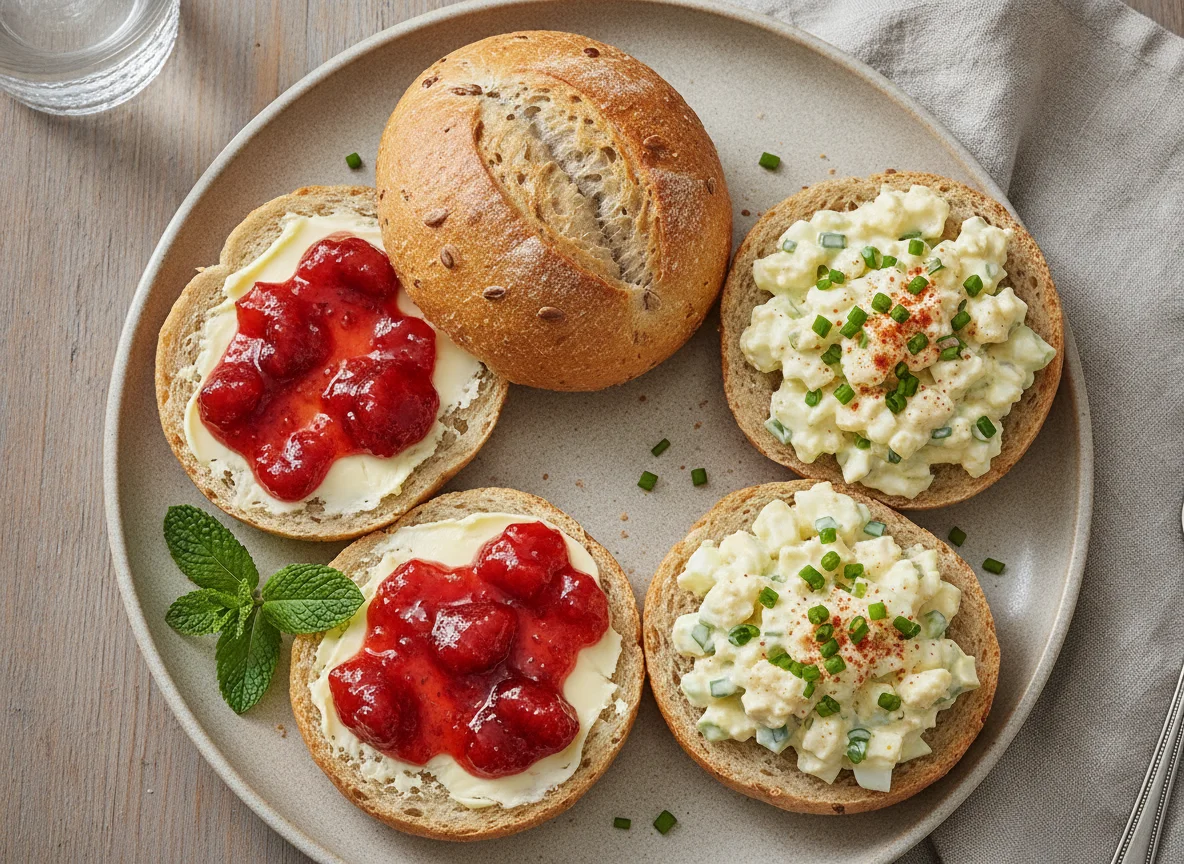 Belegte Brötchenhälften mit Marmelade und Eiersalat photo
