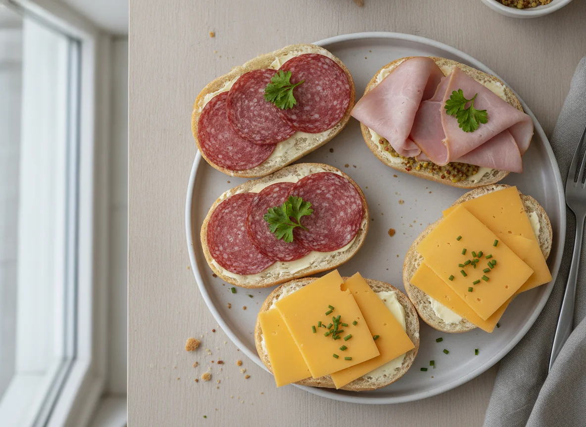 Belegte Brötchenhälften mit Salami, Schinken und Käse photo