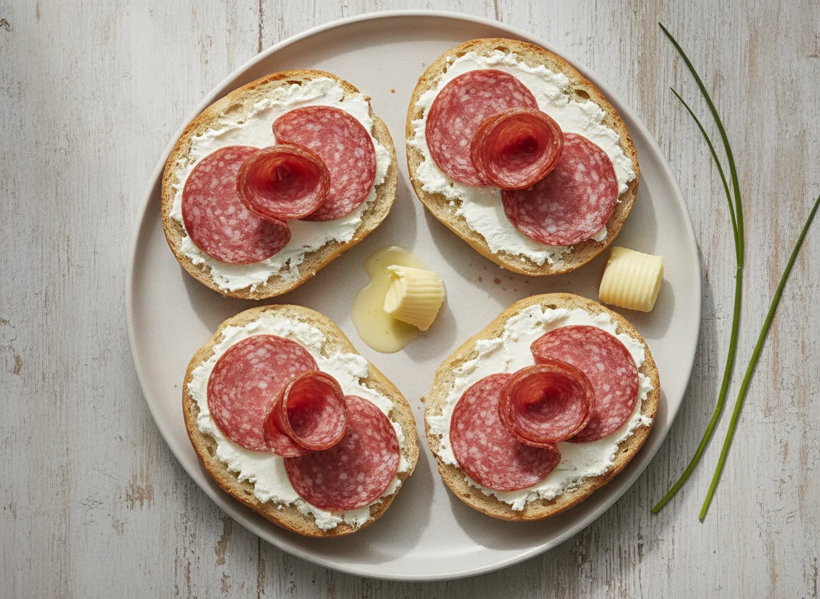Belegte Brötchenhälften mit Salami und Frischkäse photo
