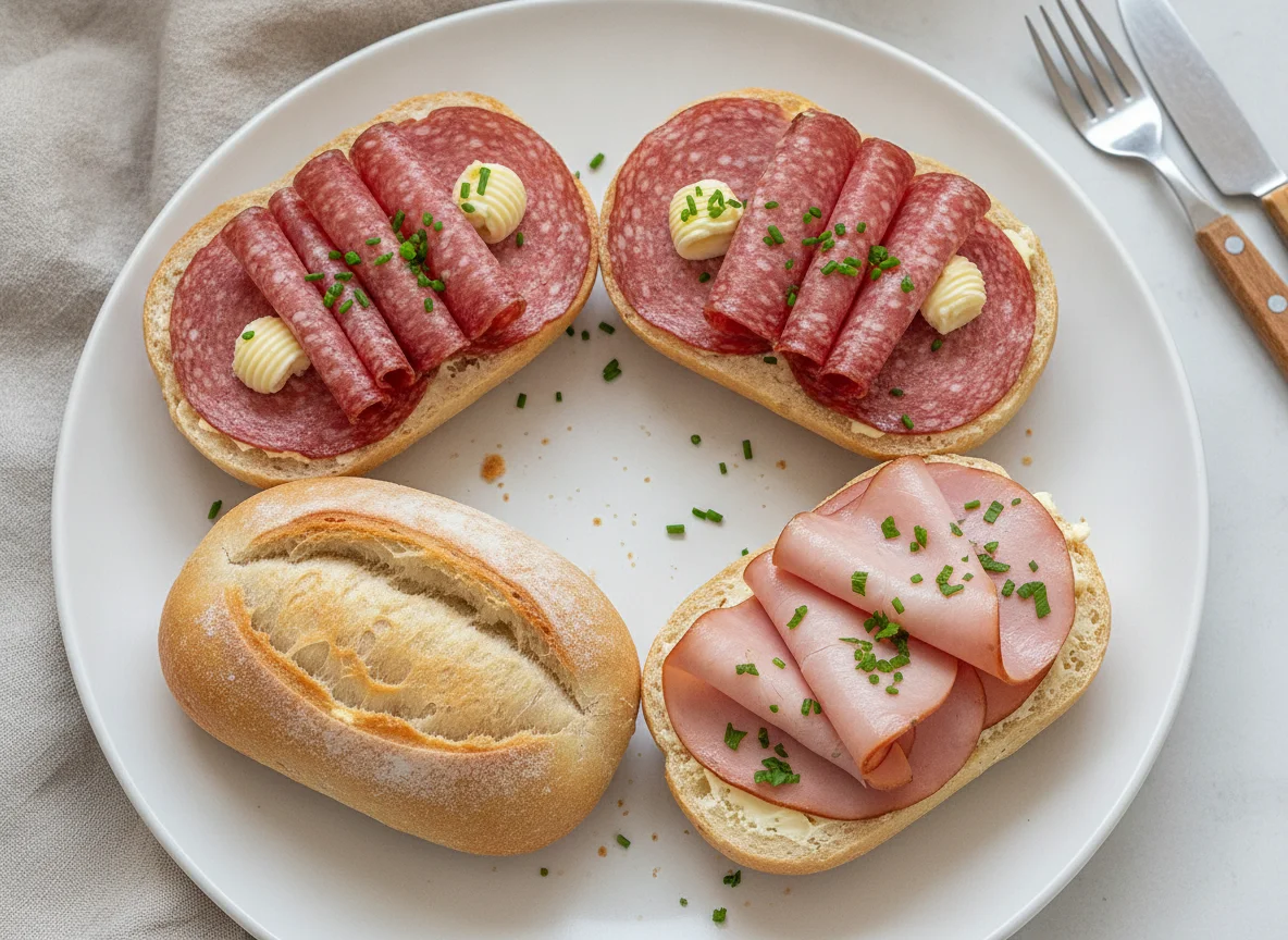 Belegte Brötchenhälften mit Salami und Schinken photo