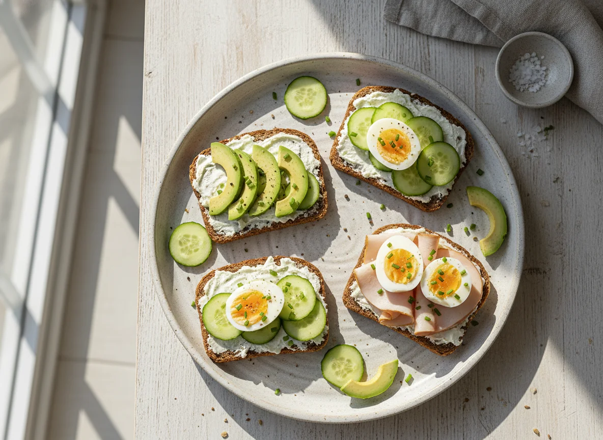Belegte Brote mit Avocado und Gurke photo