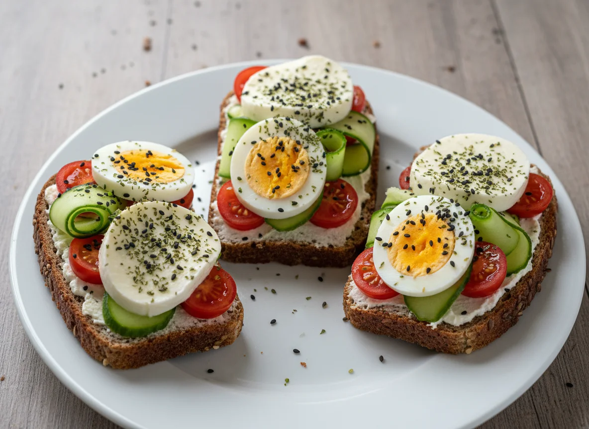 Belegte Brote mit Ei und Tomaten photo