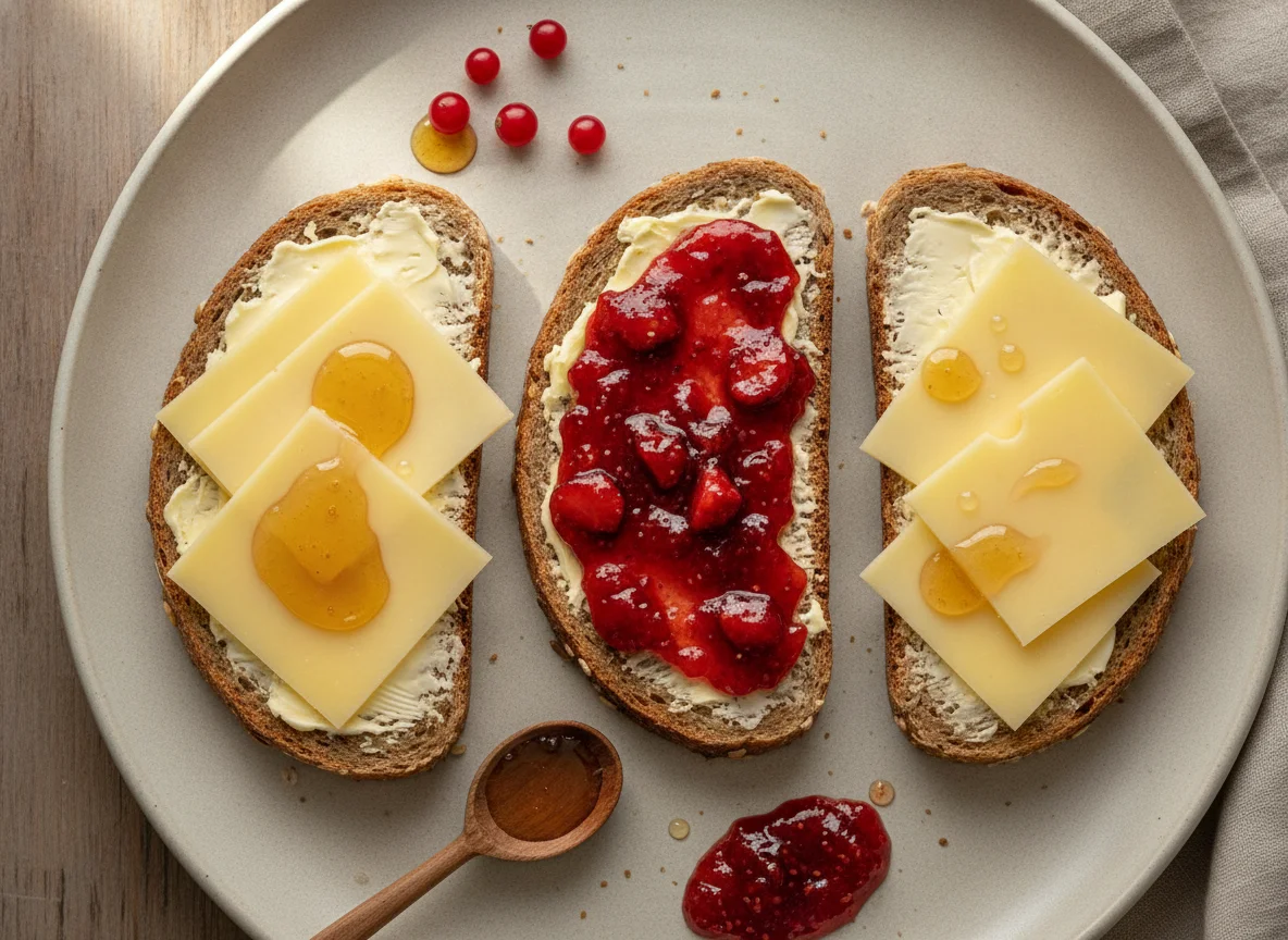 Belegte Brote mit Käse, Honig und Marmelade photo