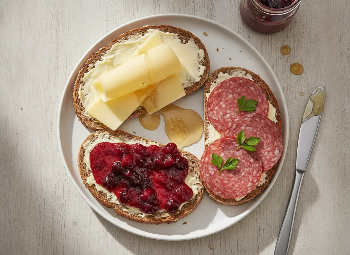 Belegte Brote mit Käse, Marmelade und Salami photo