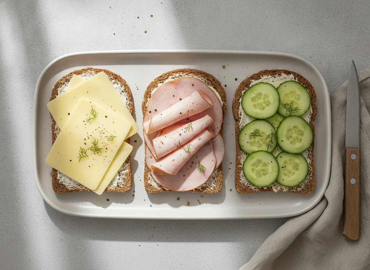Belegte Brote mit Käse, Putenbrust und Gurke photo