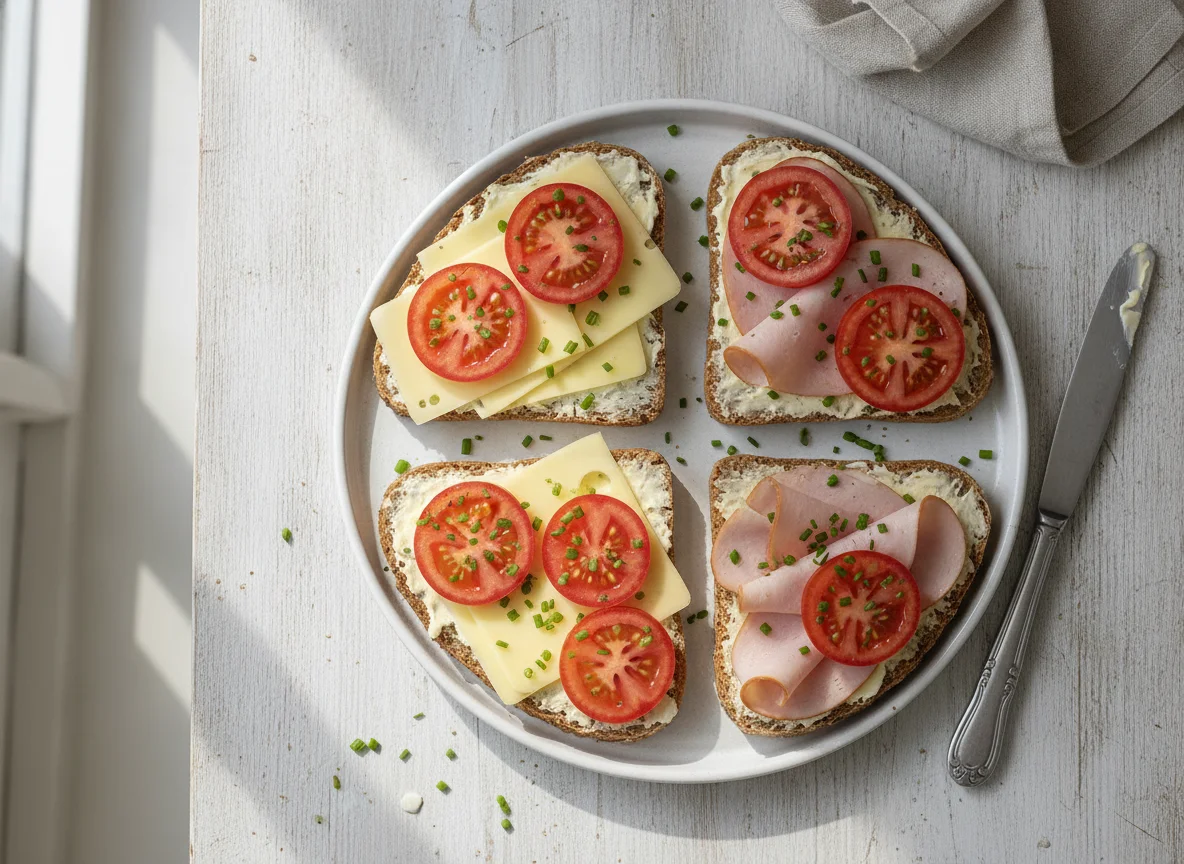 Belegte Brote mit Käse, Putenbrust und Tomaten photo