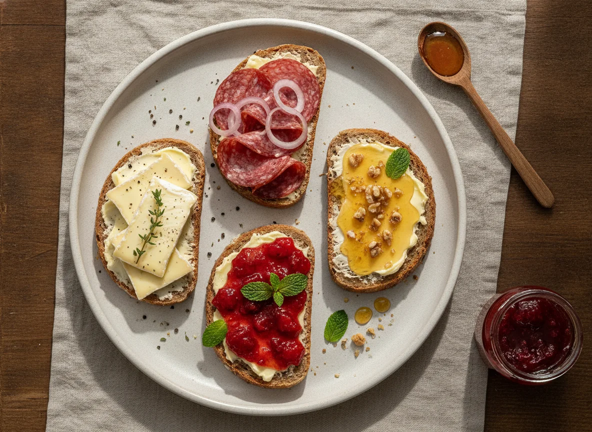 Belegte Brote mit Käse, Salami, Marmelade und Honig photo