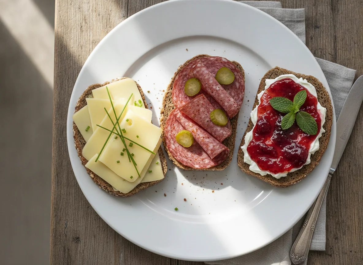 Belegte Brote mit Käse, Salami und Marmelade photo