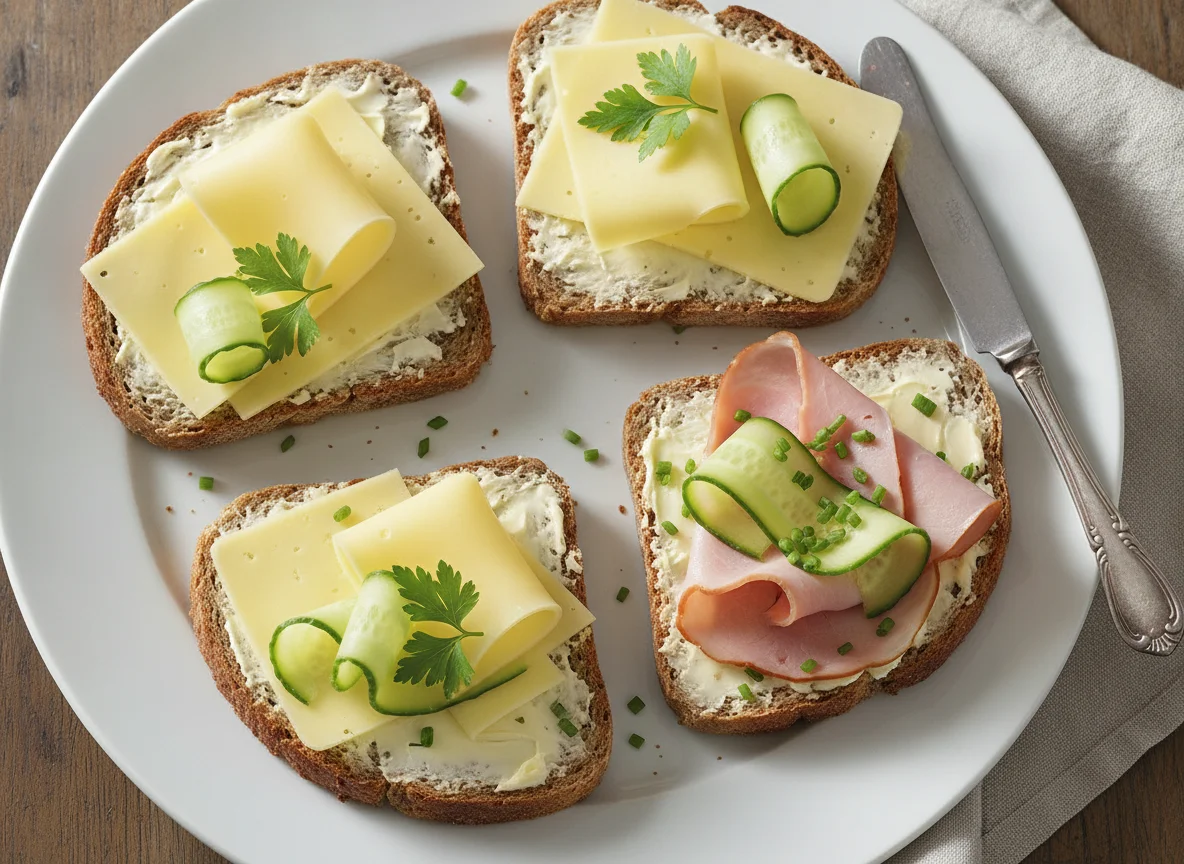 Belegte Brote mit Käse, Schinken und Gurke photo