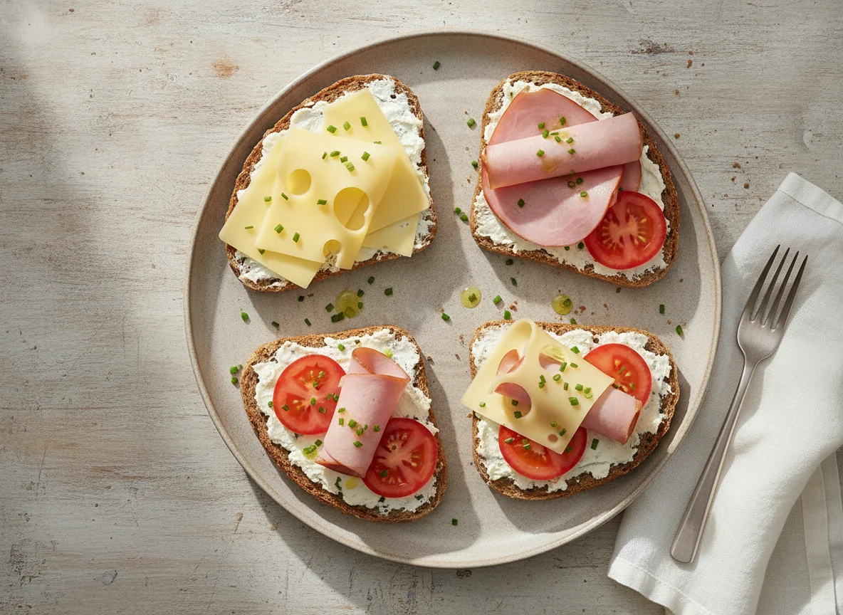 Belegte Brote mit Käse, Schinken und Tomaten photo