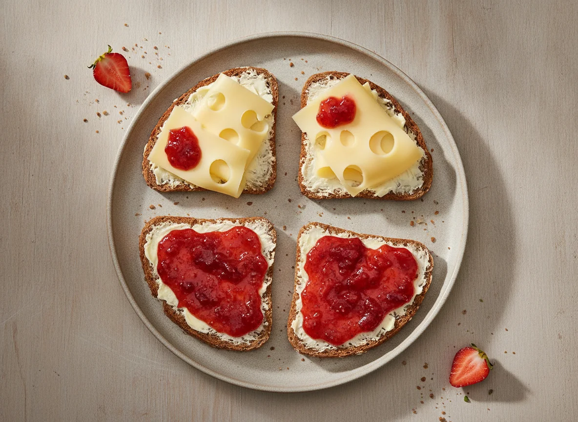 Belegte Brote mit Käse und Marmelade photo