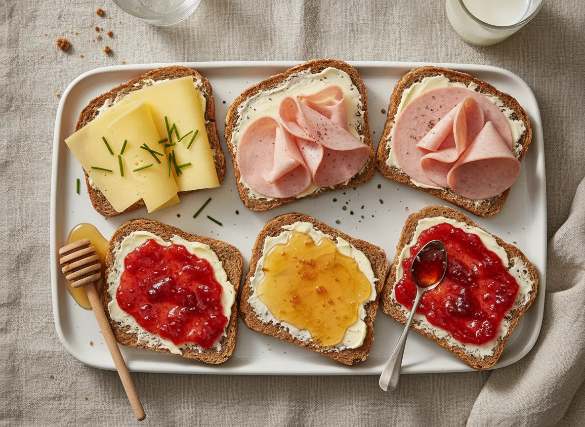 Belegte Brote mit Käse, Wurst, Honig und Marmelade photo