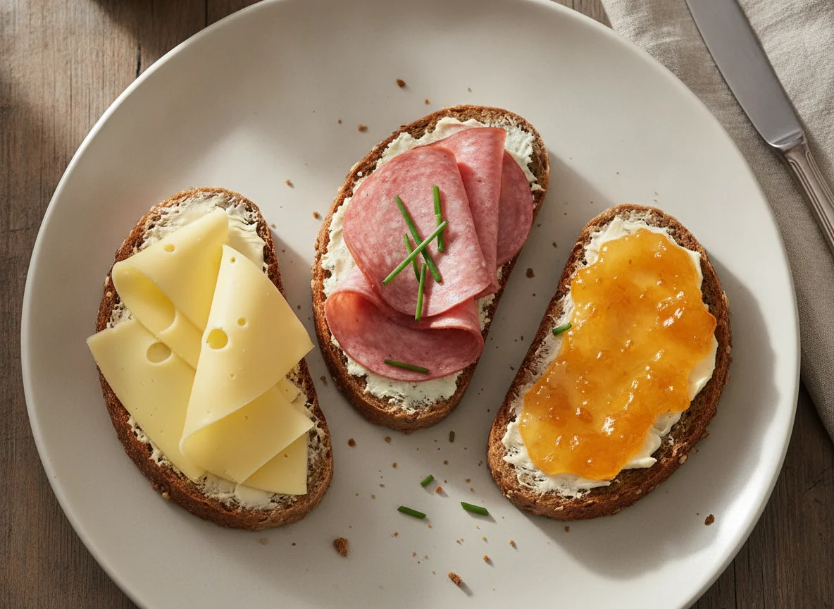 Belegte Brote mit Käse, Wurst und Marmelade photo